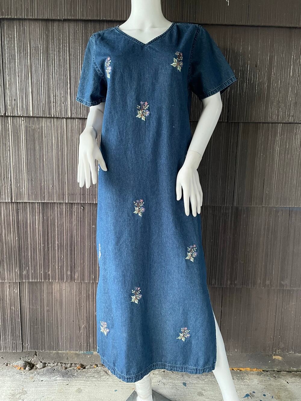 🔥Vintage 90s Y2K Erika & Co Floral Embroidered Cottage Maxi Blue Denim Dress M